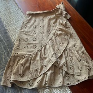 Light brown faux wrap eyelet midi skirt
